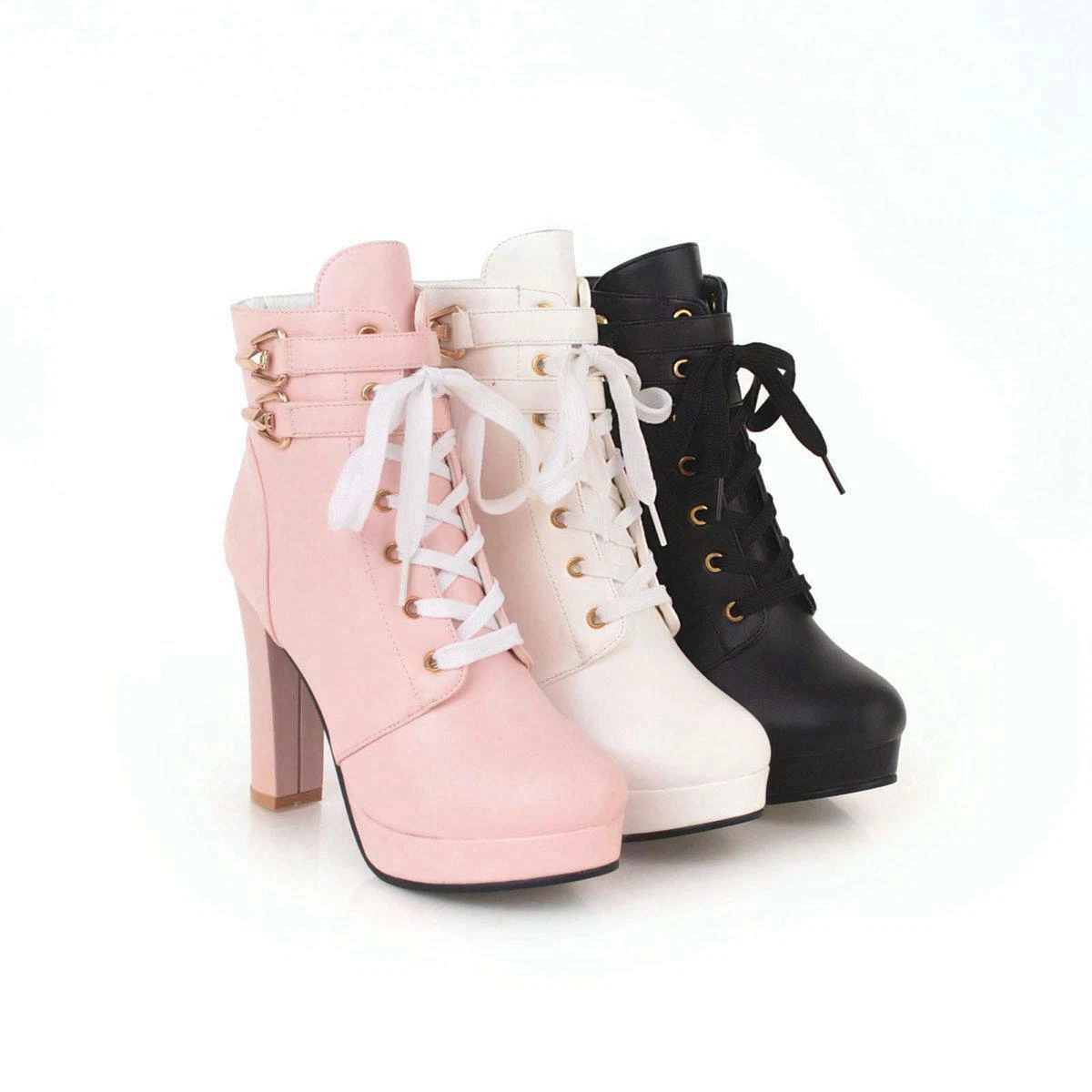 Women s Platform Ankle Boots Block High Heel Zip Lace Up Buckle