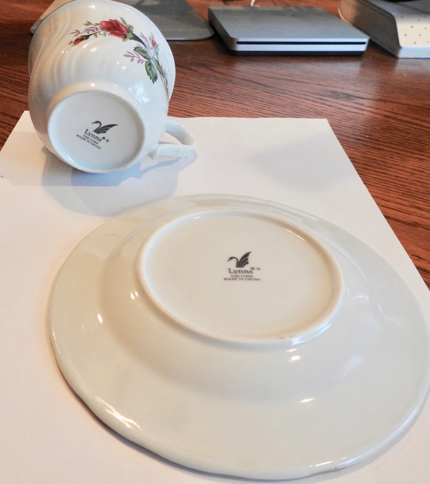 Lynns Fine China Tea Cup and Saucer Rose Pattern 3 3/8" diameter cup 6