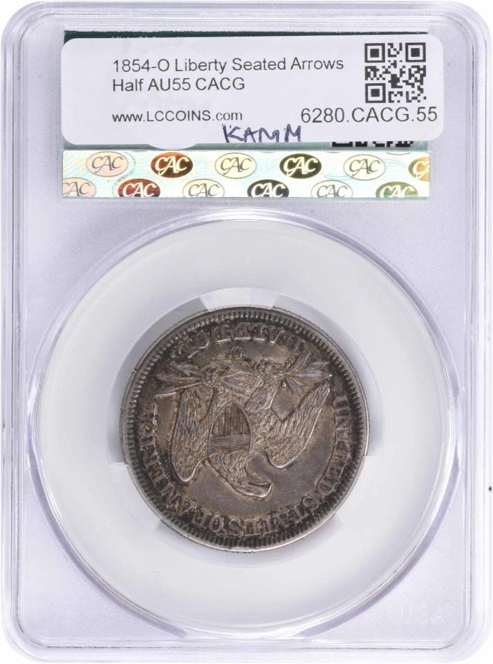 1854-O Liberty Seated Silver Half Dollar Arrows AU55 CACG - Image 2 of 2