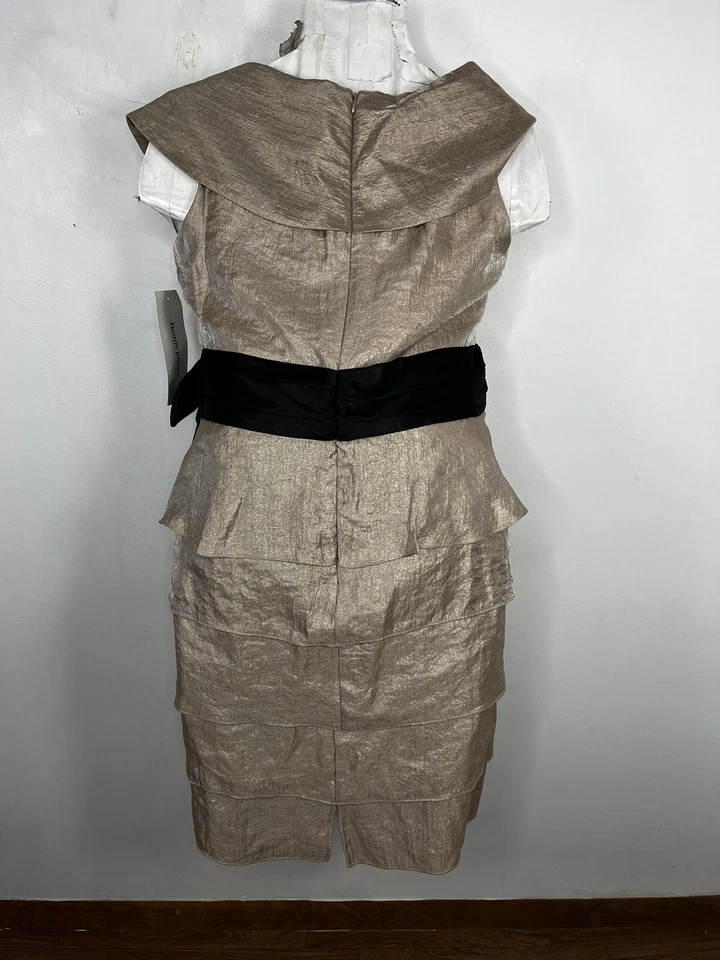 Marina Occasion Dress Sz 16 Taupe Shimmer Black Trim Bow Ruffle Front New - Image 2 of 4