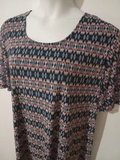 CATHERINE'S Womens 3X 26/28 Blue Print Lined Pullover Stretch Short Sleeve Top
