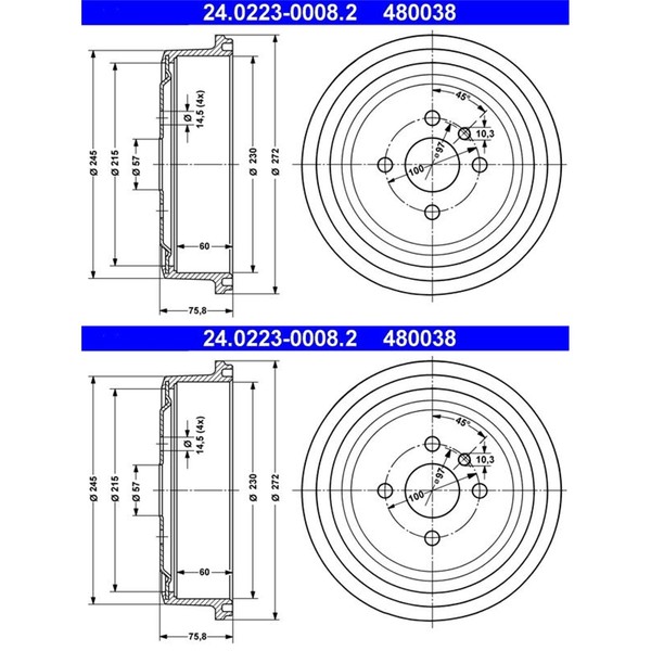 2X Ate 230,0Mm Bremstrommeln Hinten Passend FÜR Opel Ascona Combo Kadett Manta-image