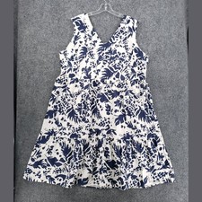Tahari Dress Womens 2X Plus Size Blue White Sleeveless V Neck Linen Ruffle Woven