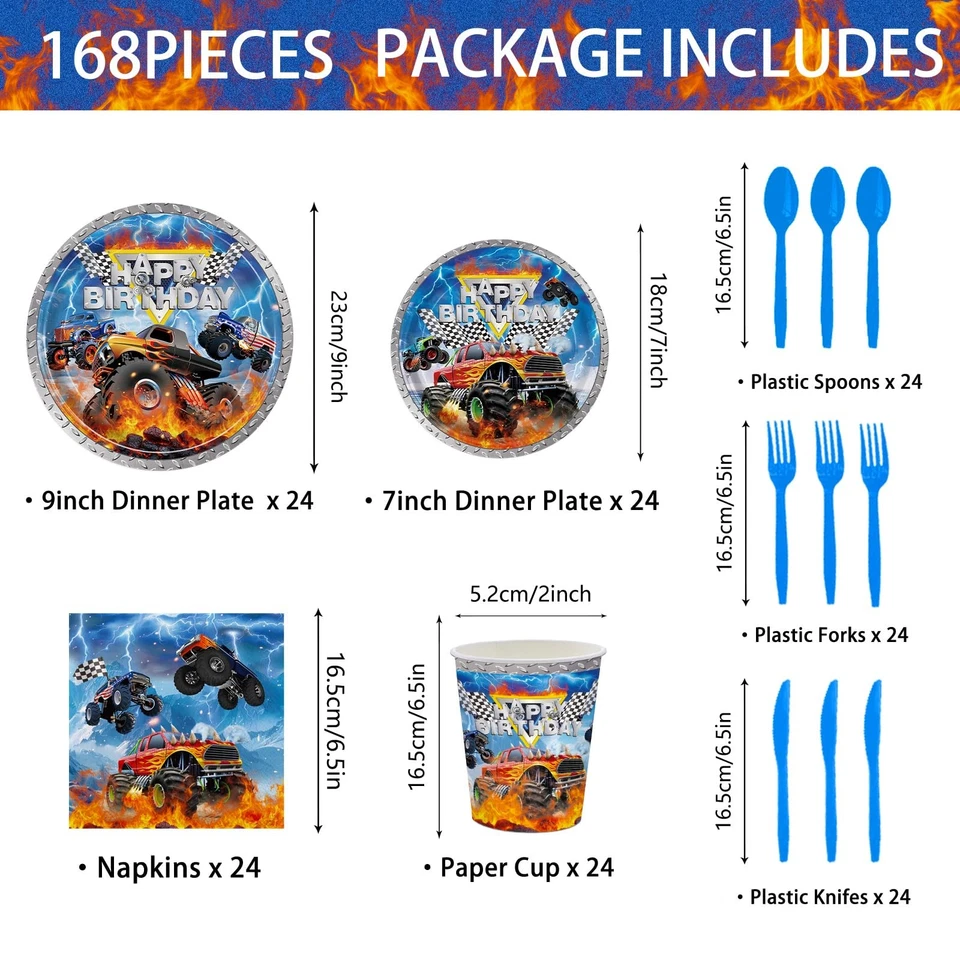168 piezas Monster Truck Cumpleaños Fiesta Decoraciones Platos Servilletas Papel Desechable Foto 2 de 4