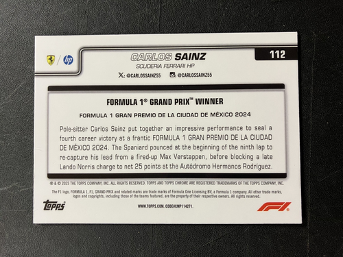 Black & White RayWave Carlos Sainz #112 Ferrari - 2025 Topps Chrome Formula 1 F1 - Picture 2 of 2