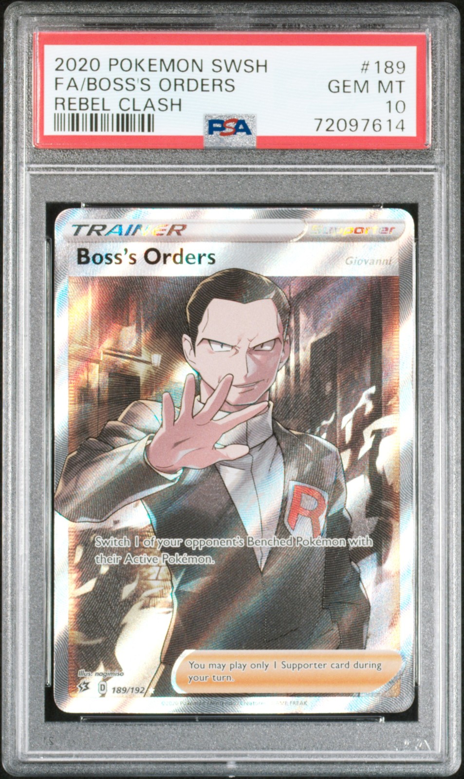 2020 POKEMON SWORD & SHIELD REBEL CLASH #189 FULL ART/BOSS'S ORDERS PSA 10