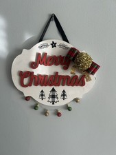 Merry Christmas Wooden Door or Wall Decor Crafted Red Green Gold NEW