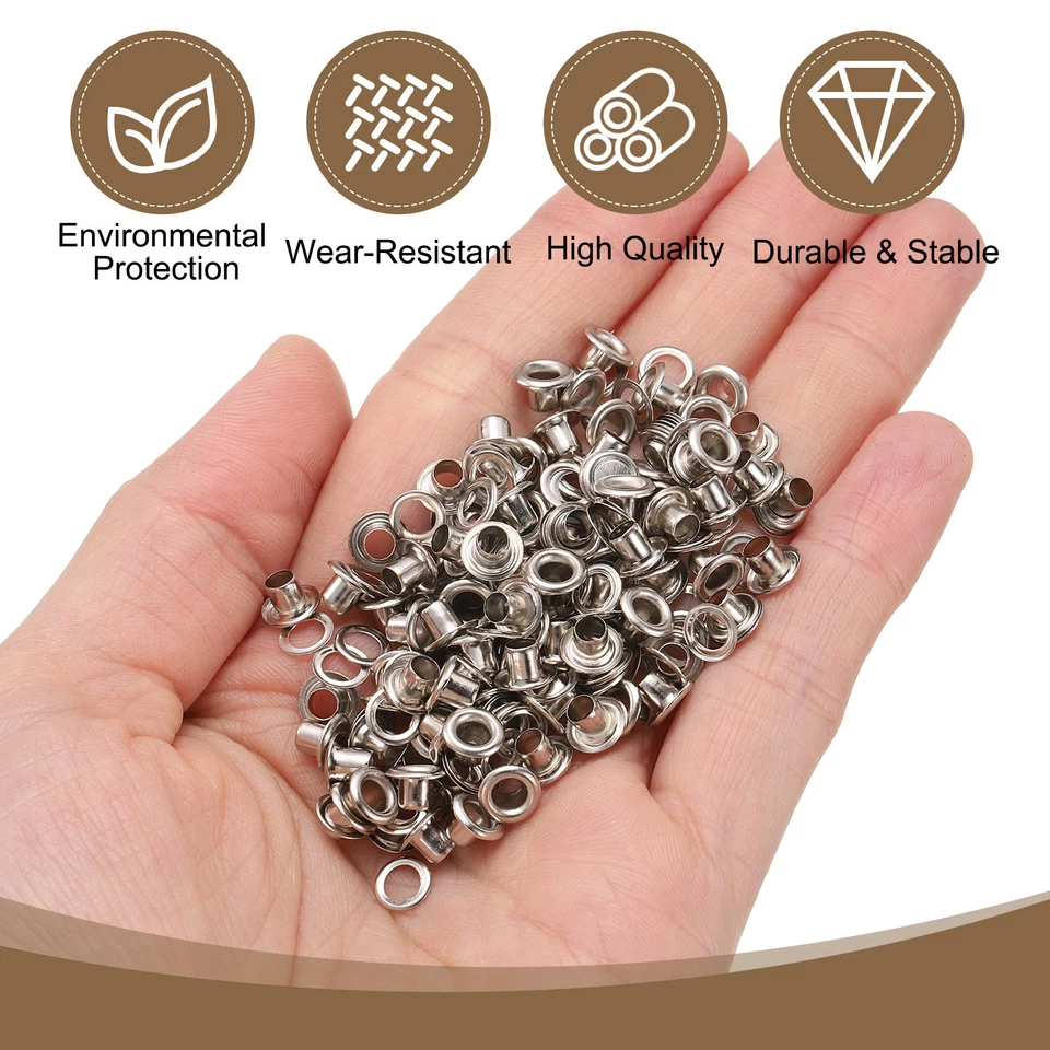 50Set Grommets Eyelets Kit 3mm Brass Eyelets with Washers, Silver Foto 4 de 4