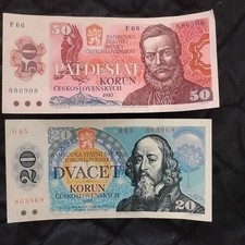 Czechoslovakia 50 & 20 Korun Banknotes 1987 1988 Serial F66 886908 HA5 803969