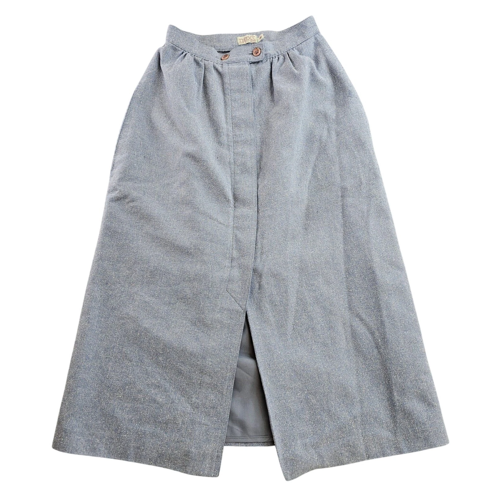 Next Midi Skirt Womens Size 8 Blue Linen Blend Summer High Waist Button Front