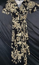 EX 6 Donna Morgan Wrap Dress Royalcore Black Gold Versace-esque Baroque Sm 8 Med