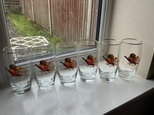 RARE 1970's Set Of 6 Dema Gold Gilt Flying Pheasant Hi Ball Tumbler Glasses