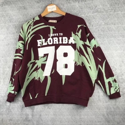 Pull&Bear Florida 78 Sweat Femme S Bordeaux Menthe Floral Coton Col Rond Enfiler - Photo 1/4