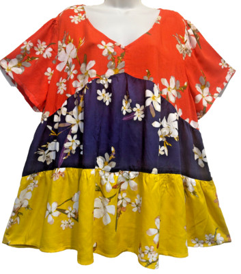 Nwt FUNKY STUFF tiered fiesta boho color-block floral rayon TOP 1X Free shipping