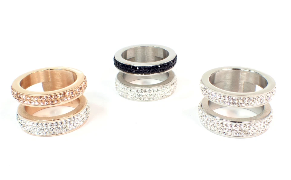 Edelstahlring Damen 12mm silber rosegold gold 3 Reihen strass - Bild 1 von 1