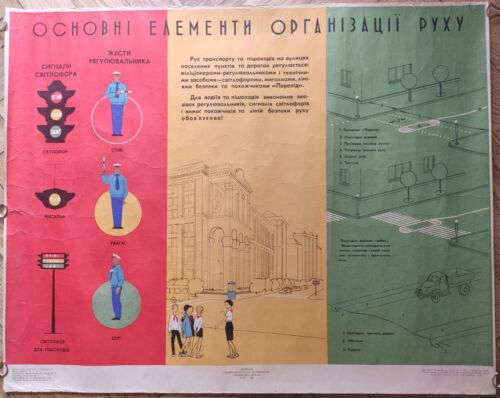 1961 Radziecki Ukraiński Oryginalny PLAKAT Bezpieczeństwo ruchu drogowego ZSRR zasady dla dzieci - Zdjęcie 1 z 5