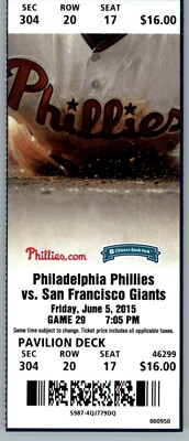 San Francisco Giants vs Philadelphia Phillies 7/5/2015 Ticket - Ryan Howard  HR