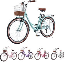 VIRIBUS 7-Speed Beach Cruiser Bike 24''/26" City Bicycle w Basket for Women