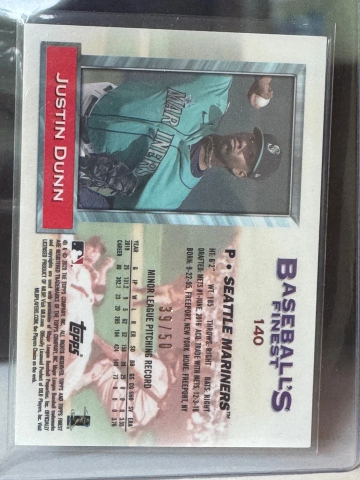 2020 Topps Finest Flashbacks GOLD Refractor #140 Justin Dunn 39/50 - Image 2 of 2