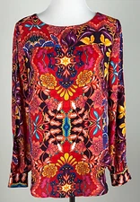LOFT L/S Poly 'Fantasy Floral Split Sleeve Blouse' (Hi-lo) - XS, Coral Blue Gold