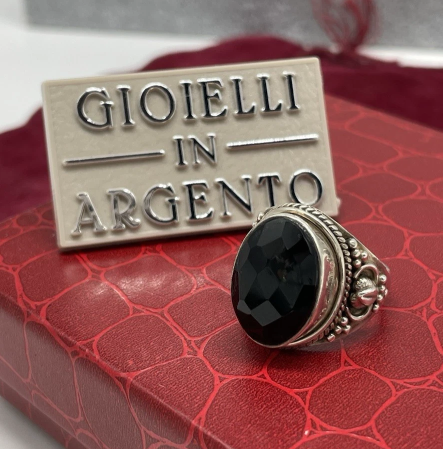 Anello Donna Vintage Argento 925 pietra Onice ovale nero Tondo Briolè elegante - Immagine 2 di 4