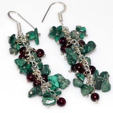 Beaded Grapes Malachite Pink Tourmaline Gemstone Earrings 2.8" JW