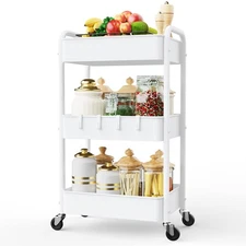 3 Tier Rolling Utility Cart, Metal Trolley Cart with Wheels, Hooks, Easy Asse...