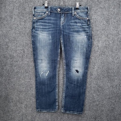 Silver Jeans Women 30 Blue Tuesday Rose Capri Stretch Dark Wash Distressed Denim
