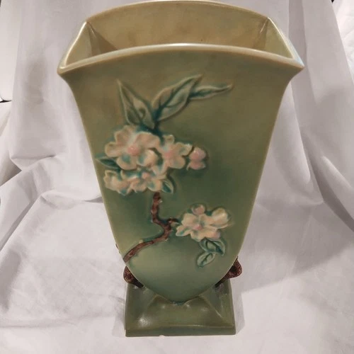 Vintage Roseville Green Apple Blossom 12" Vase 1930s