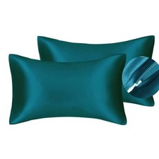,Luxury Satin Pillowcase with Zipper Silky Satin Pillow Case for Standard Teal
