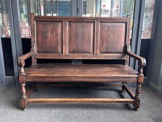 Antique Solid Oak Panelled Settle Bench CS N30
