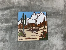 VTG  Earthtones Desert Roadrunner Cacti  Ceramic Trivet Art Tile 6x6 1999 !!