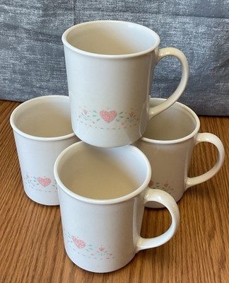 Vintage Corelle By Corning ~ Forever Yours ~ Pink Hearts ~ Set of 4 Coffee Mugs