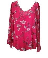 I.N. Studio Woman Reddish Floral Top Size 2X Scalloped V-Neck Balloon Sleeves