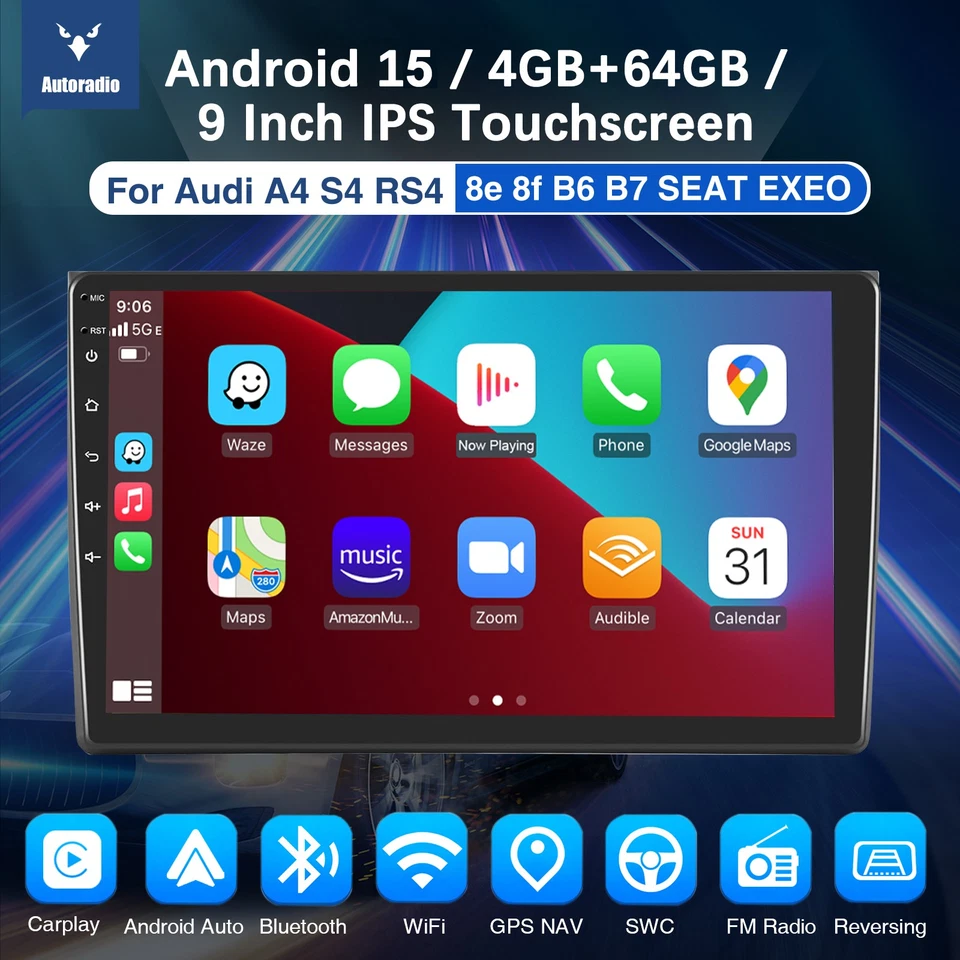 4+64G Para 2000-2009 Audi A4 Android15 9" Apple CarPlay Coche Estéreo Radio GPS Navegación Foto 2 de 4