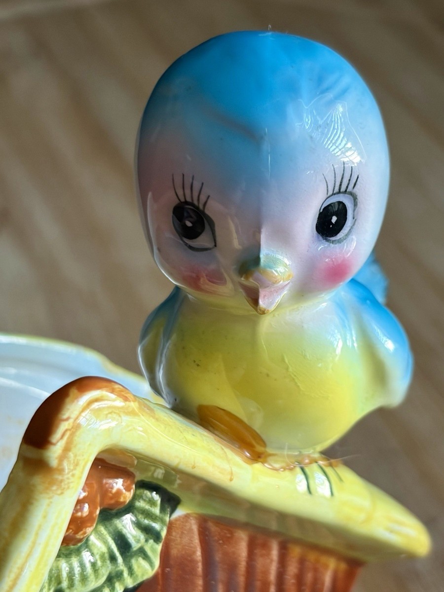 Vintage Norcrest Blue Birds Perched On Birdhouse Planter Japan