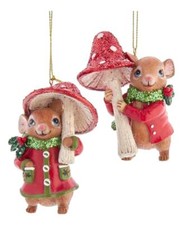 Set of 2 MOUSE WITH MUSHROOM Christmas Ornaments by Kurt Adler