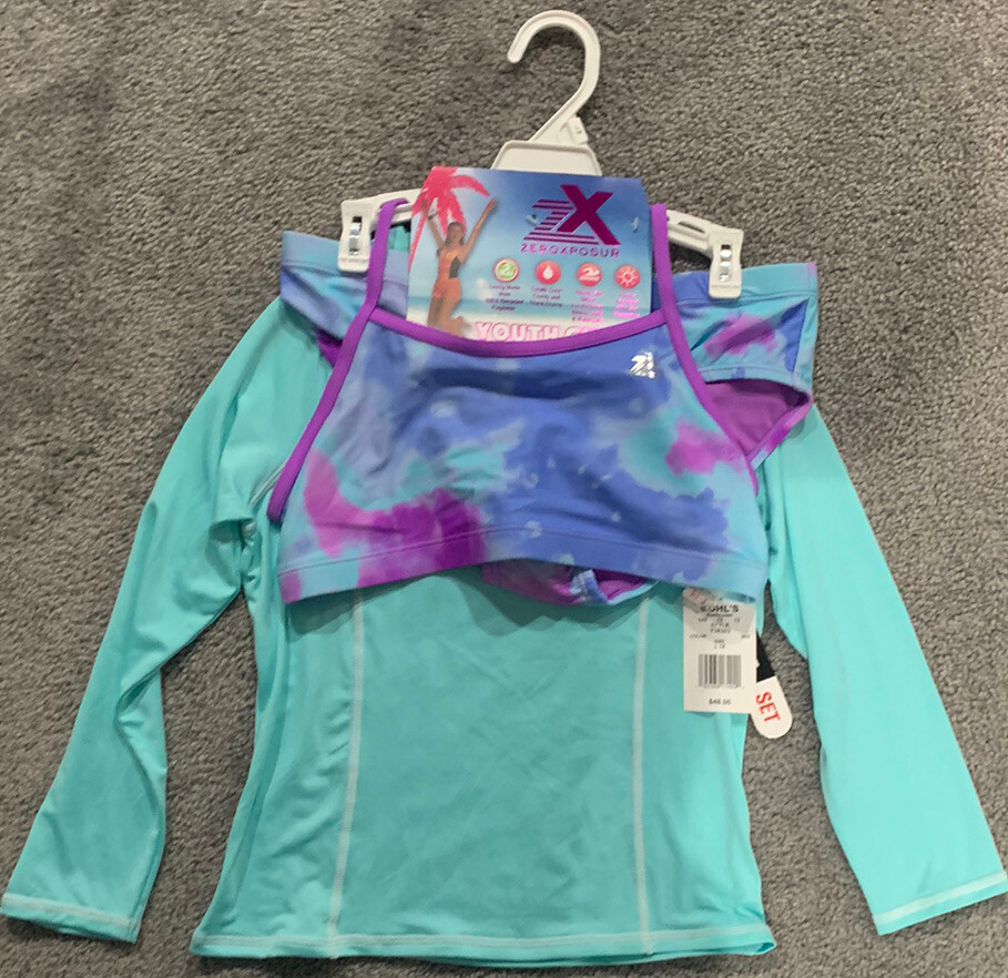 NWT Zeroxposur Girls 3 piece swimsuit set Size 14- Bikini/ Long