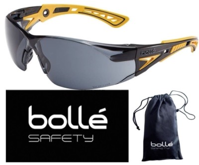 Bolle 40244 Rush+ Safety Glasses, Black/Yellow Frame, Smoke Anti-fog Lens
