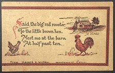 Big Red Rooster to Brown Hen Meet Me at the Barn Vintage UDB Postcard Posted
