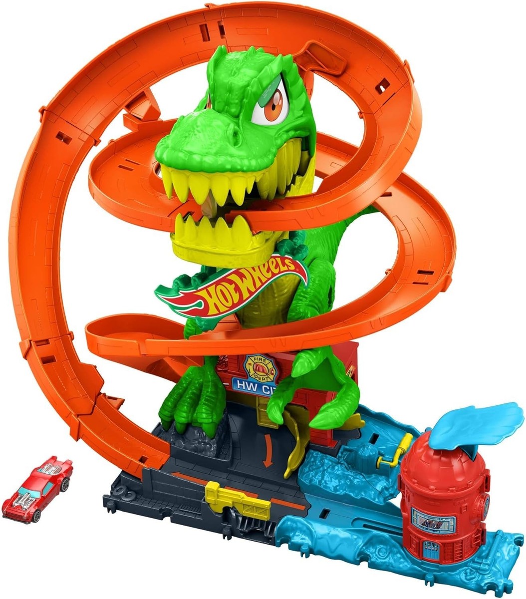 Hot Wheels Toy Car Track Set, City T-Rex Blaze Battle Playset & 1