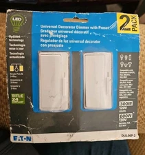 NEW Eaton DUL06P-W-2KB-WL Light Switch Dimmer 2 Pack , Single Pole And 3 Way.