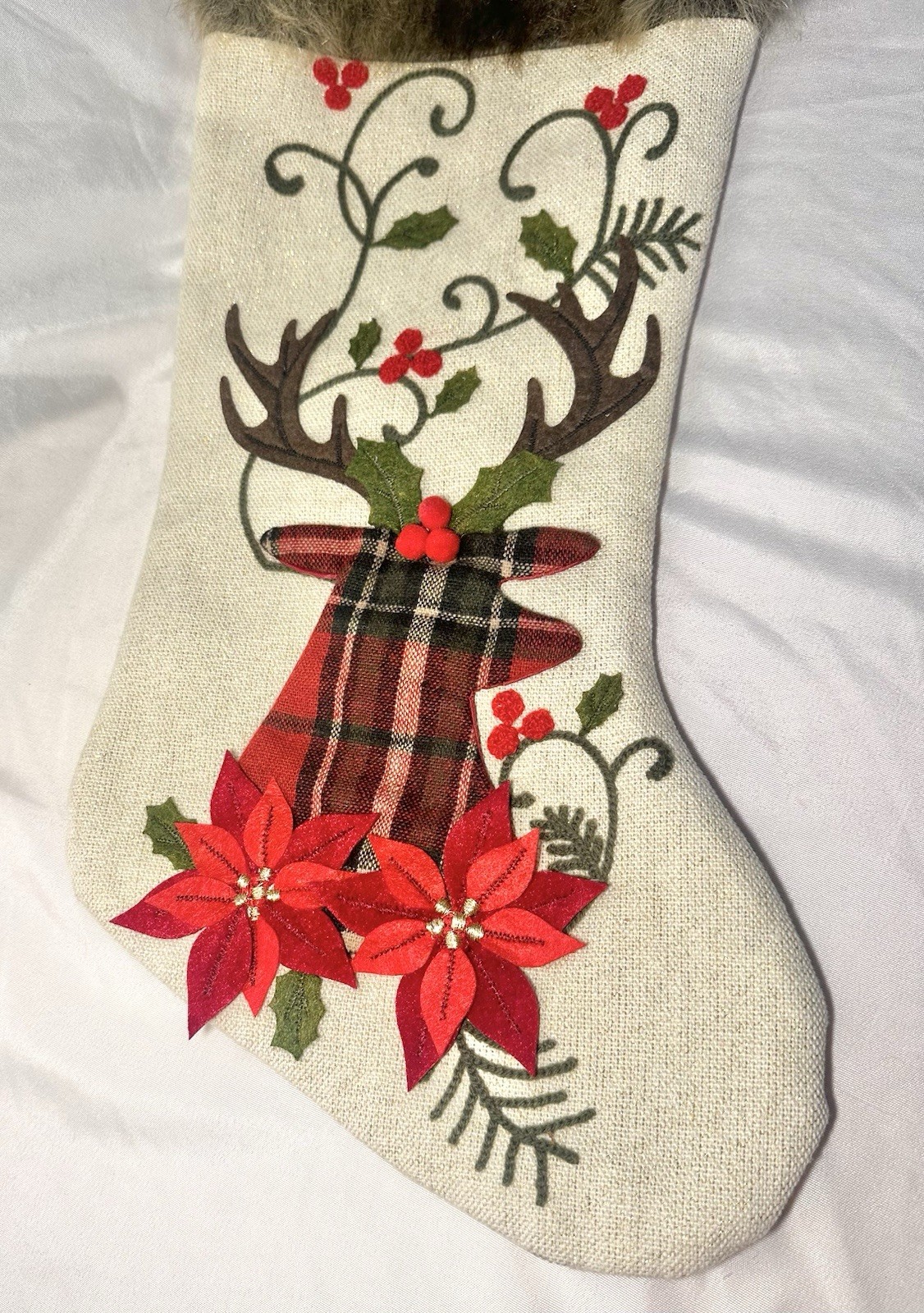 Rustic Deer Reindeer Christmas Stocking Set of 4, Cabin Faux Fur