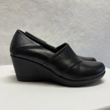 Dansko Rosaline Slip On Wedge Clog Shoe Black Leather Size EU 37 US 7.5
