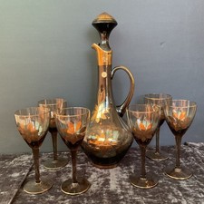 Vntg Roumania Romania Smoke Glass Gold Flower Detail Decanter Pitcher & 6 goblet