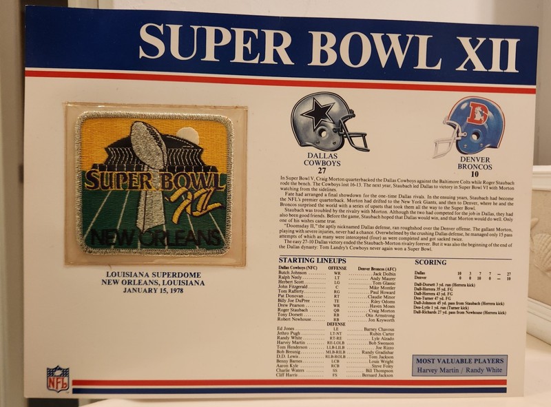 SUPER BOWL XII PATCH & DISPLAY CARD/COWBOYS 27-BRONCOS-10-unopened-mint