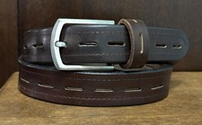 Men  s Brown Thick Leather Belt Sz 34 1-1/4  Wide Silvertone Bkl GUC