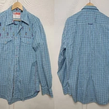 Robert Graham Long Sleeve Blue White Cotton Gingham Embroidered Surf Board XXL