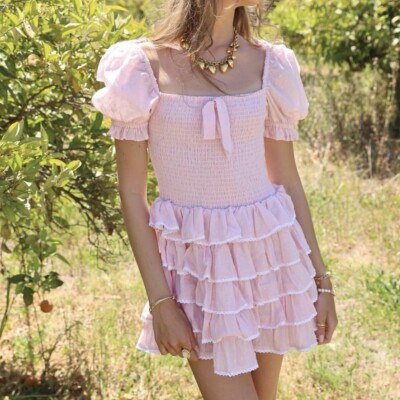 Amy Jane London Size XS Smocked Darcy Frill Mini Dress Pink Fairycore Boho  UK
