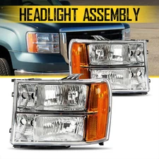 Fit 2007-2014 GMC Sierra 1500 2500HD Chrome Headlights Lamps Assembly Left+Right